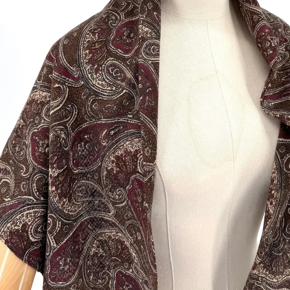 Vintage 80s Boho Maroon Olive Paisley Print Two Ply Triangle Shawl Scarf